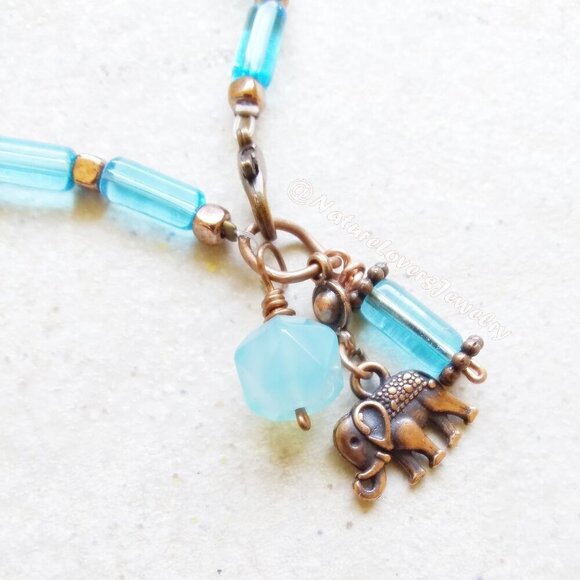 Slim Aqua & Copper Glass Rods Bracelet - 7-7.5" Wrists - for Elephant Lovers! - Picture 2 of 7